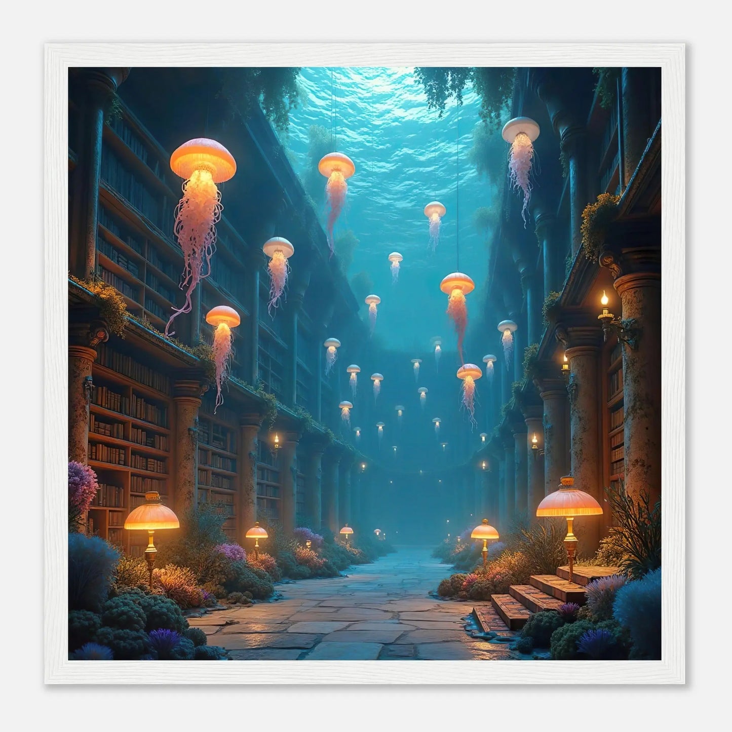 Gerahmtes Premium-Poster - Unterwasserbibliothek - 3D-Stil, KI-Kunst, Unterwasserlandschaften, 30x30-cm-12x12-Weißer-Rahmen - RolConArt