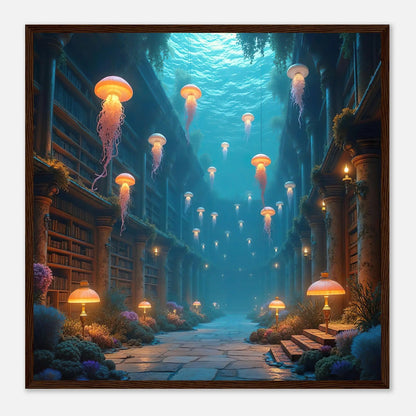 Gerahmtes Premium-Poster - Unterwasserbibliothek - 3D-Stil, KI-Kunst, Unterwasserlandschaften, 50x50-cm-20x20-Dunkler-Holzrahmen - RolConArt