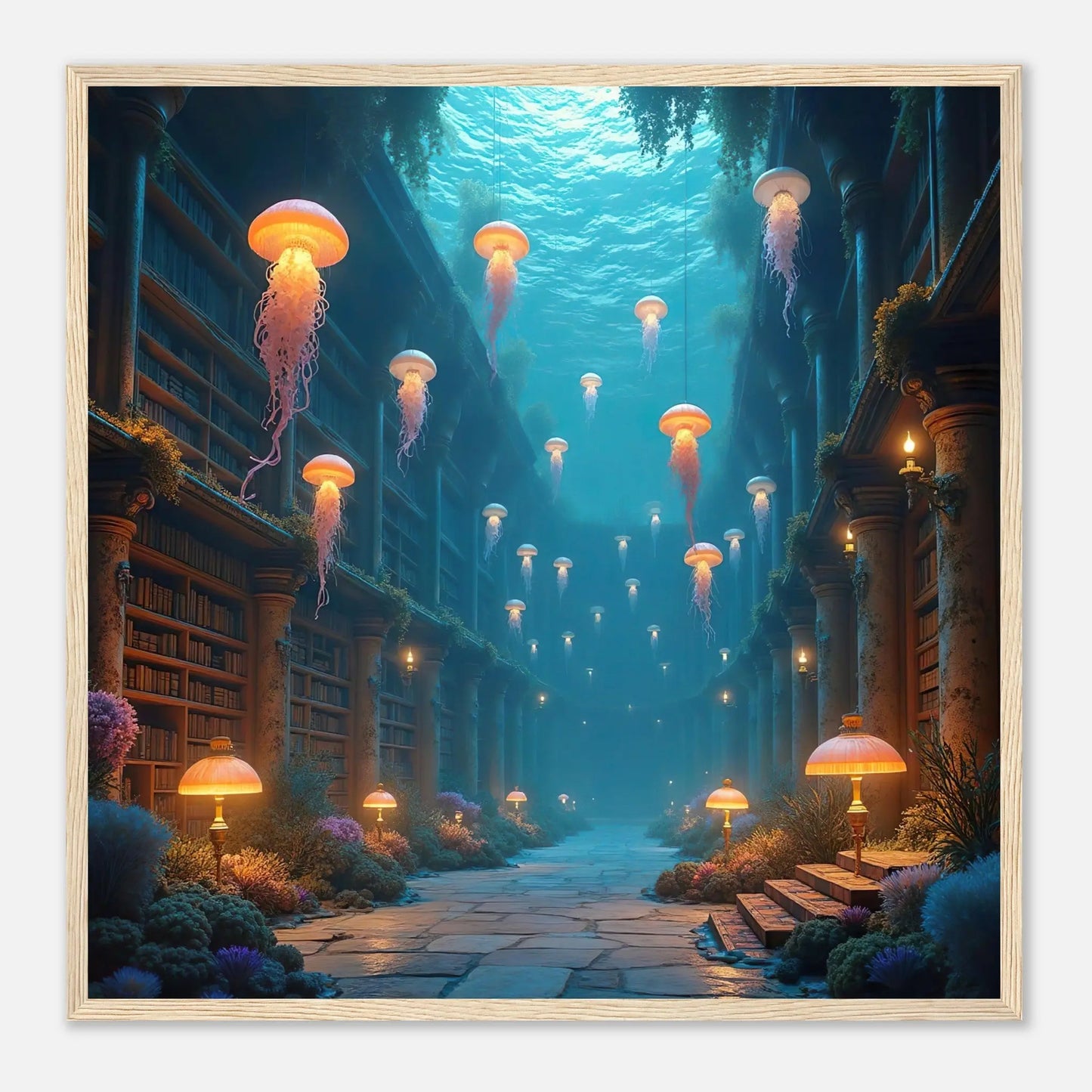 Gerahmtes Premium-Poster - Unterwasserbibliothek - 3D-Stil, KI-Kunst, Unterwasserlandschaften, 50x50-cm-20x20-Holzrahmen - RolConArt