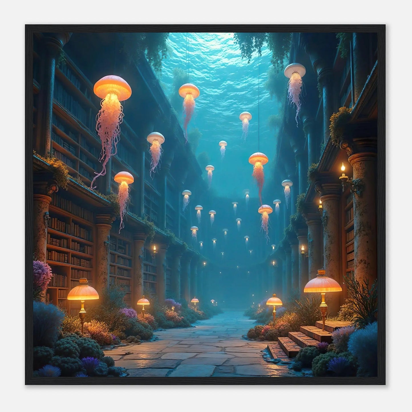 Gerahmtes Premium-Poster - Unterwasserbibliothek - 3D-Stil, KI-Kunst, Unterwasserlandschaften, 50x50-cm-20x20-Schwarzer-Rahmen - RolConArt