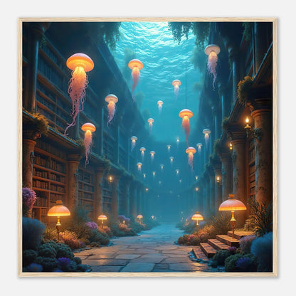 Gerahmtes Premium-Poster - Unterwasserbibliothek - 3D-Stil, KI-Kunst, Unterwasserlandschaften, 70x70-cm-28x28-Holzrahmen - RolConArt