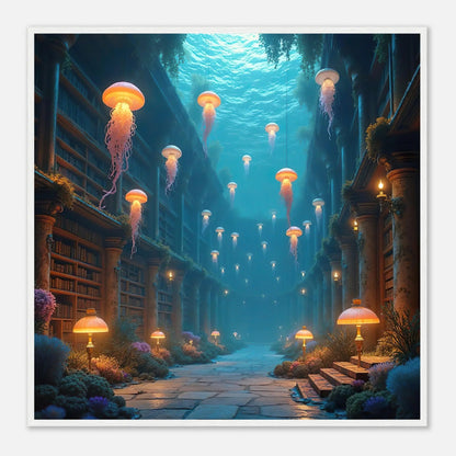 Gerahmtes Premium-Poster - Unterwasserbibliothek - 3D-Stil, KI-Kunst, Unterwasserlandschaften, 70x70-cm-28x28-Weißer-Rahmen - RolConArt