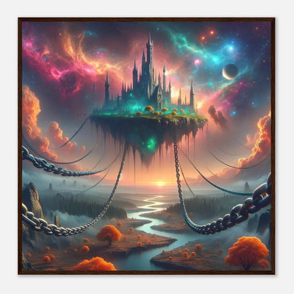 Gerahmtes Premium-Poster - Verankertes Luftschloss - 3D Stil, KI-Kunst, Surreale Landschaften, 70x70-cm-28x28-Dunkler-Holzrahmen - RolConArt