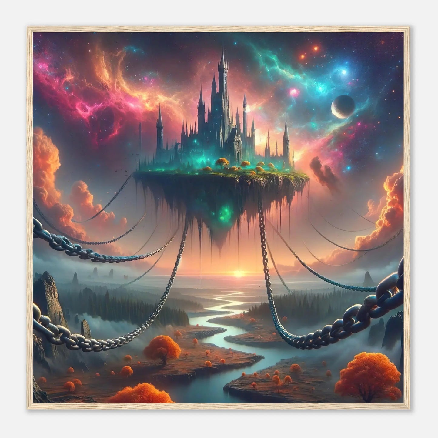 Gerahmtes Premium-Poster - Verankertes Luftschloss - 3D Stil, KI-Kunst, Surreale Landschaften, 70x70-cm-28x28-Holzrahmen - RolConArt