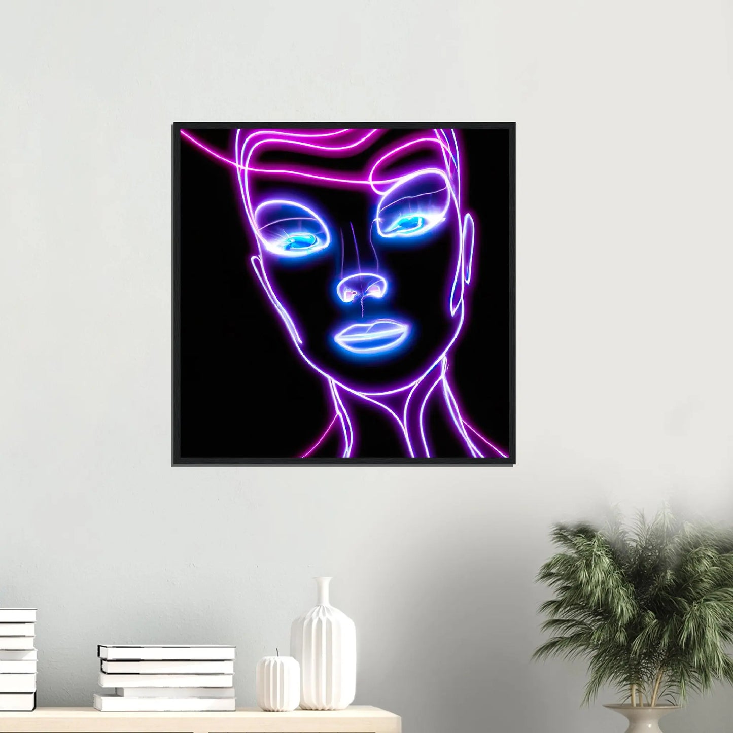 Gerahmtes Premium-Poster - Weibliches Gesicht - Neon Stil, KI-Kunst, Neon,  - RolConArt