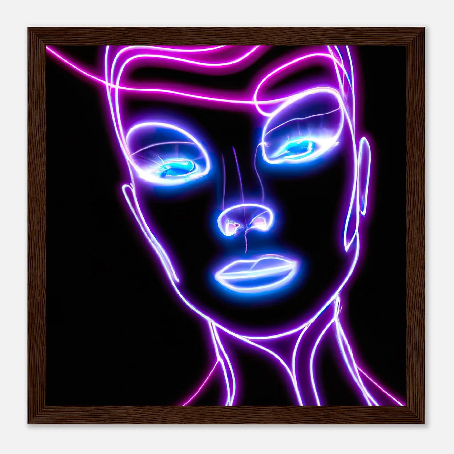 Gerahmtes Premium-Poster - Weibliches Gesicht - Neon Stil, KI-Kunst, Neon, 30x30-cm-12x12-Dunkles-Holz - RolConArt