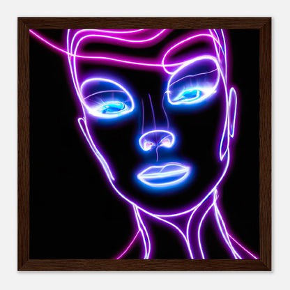 Gerahmtes Premium-Poster - Weibliches Gesicht - Neon Stil, KI-Kunst, Neon, 30x30-cm-12x12-Dunkles-Holz - RolConArt