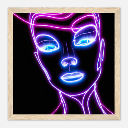 Gerahmtes Premium-Poster - Weibliches Gesicht - Neon Stil, KI-Kunst, Neon, 30x30-cm-12x12-Holz - RolConArt