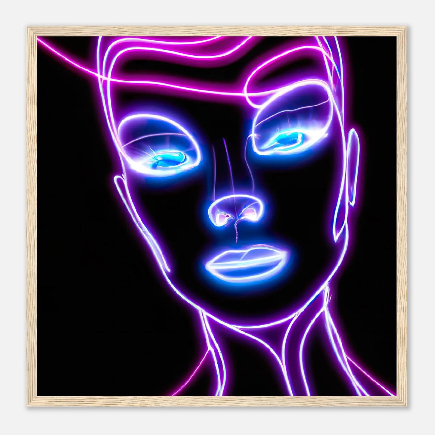 Gerahmtes Premium-Poster - Weibliches Gesicht - Neon Stil, KI-Kunst, Neon, 50x50-cm-20x20-Holz - RolConArt