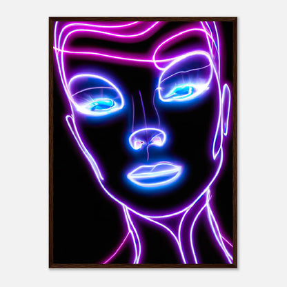 Gerahmtes Premium-Poster - Weibliches Gesicht - Neon Stil, KI-Kunst, Neon, 60x80-cm-24x32-Dunkles-Holz - RolConArt