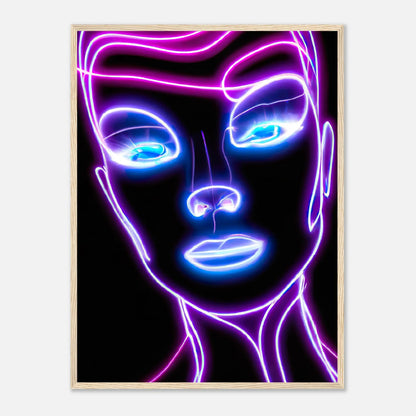 Gerahmtes Premium-Poster - Weibliches Gesicht - Neon Stil, KI-Kunst, Neon, 60x80-cm-24x32-Holz - RolConArt