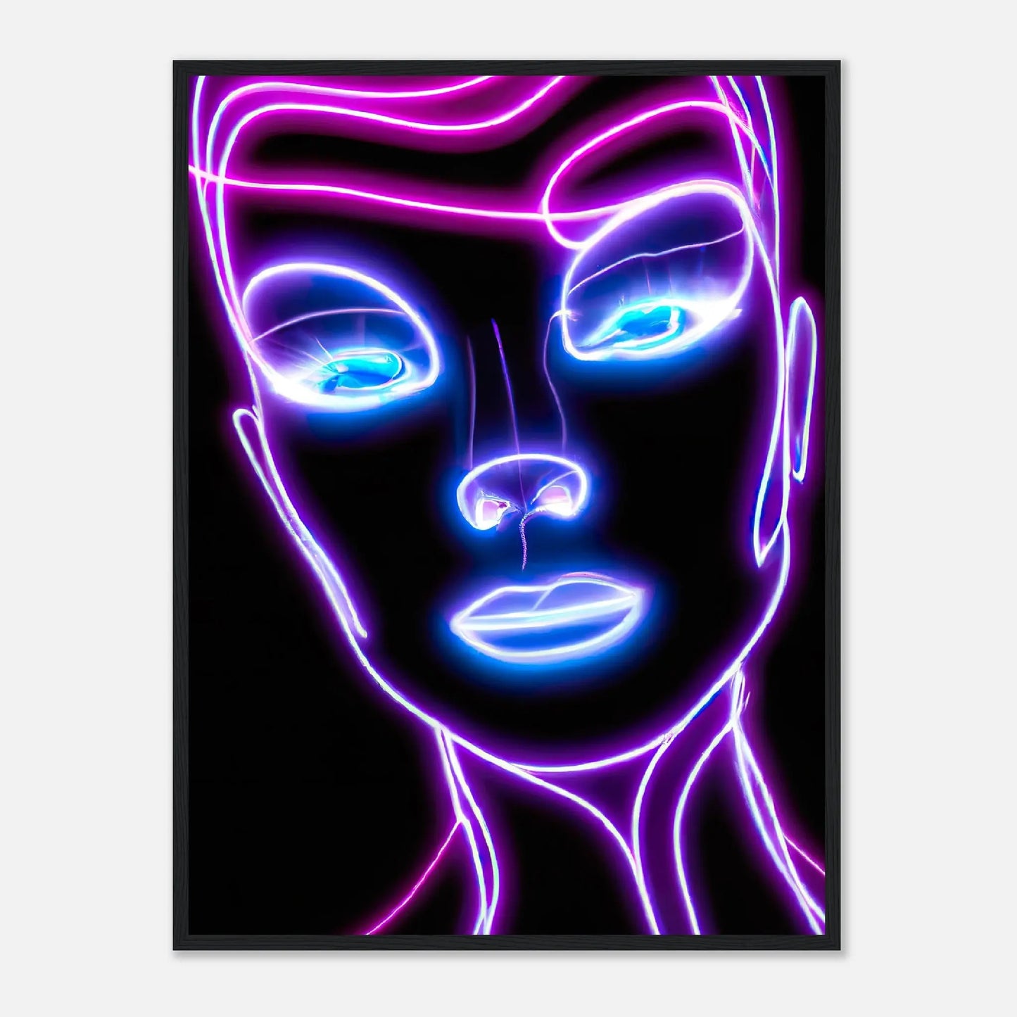 Gerahmtes Premium-Poster - Weibliches Gesicht - Neon Stil, KI-Kunst, Neon, 60x80-cm-24x32-Schwarz - RolConArt