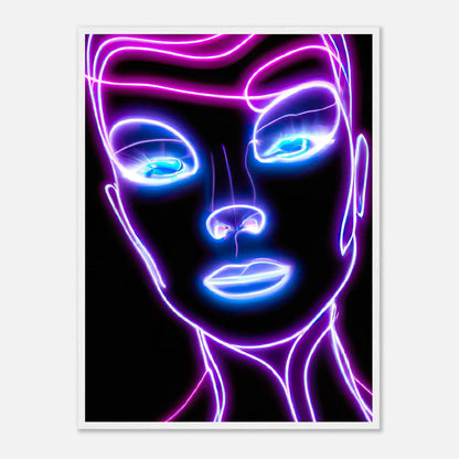 Gerahmtes Premium-Poster - Weibliches Gesicht - Neon Stil, KI-Kunst, Neon, 60x80-cm-24x32-Weiß - RolConArt