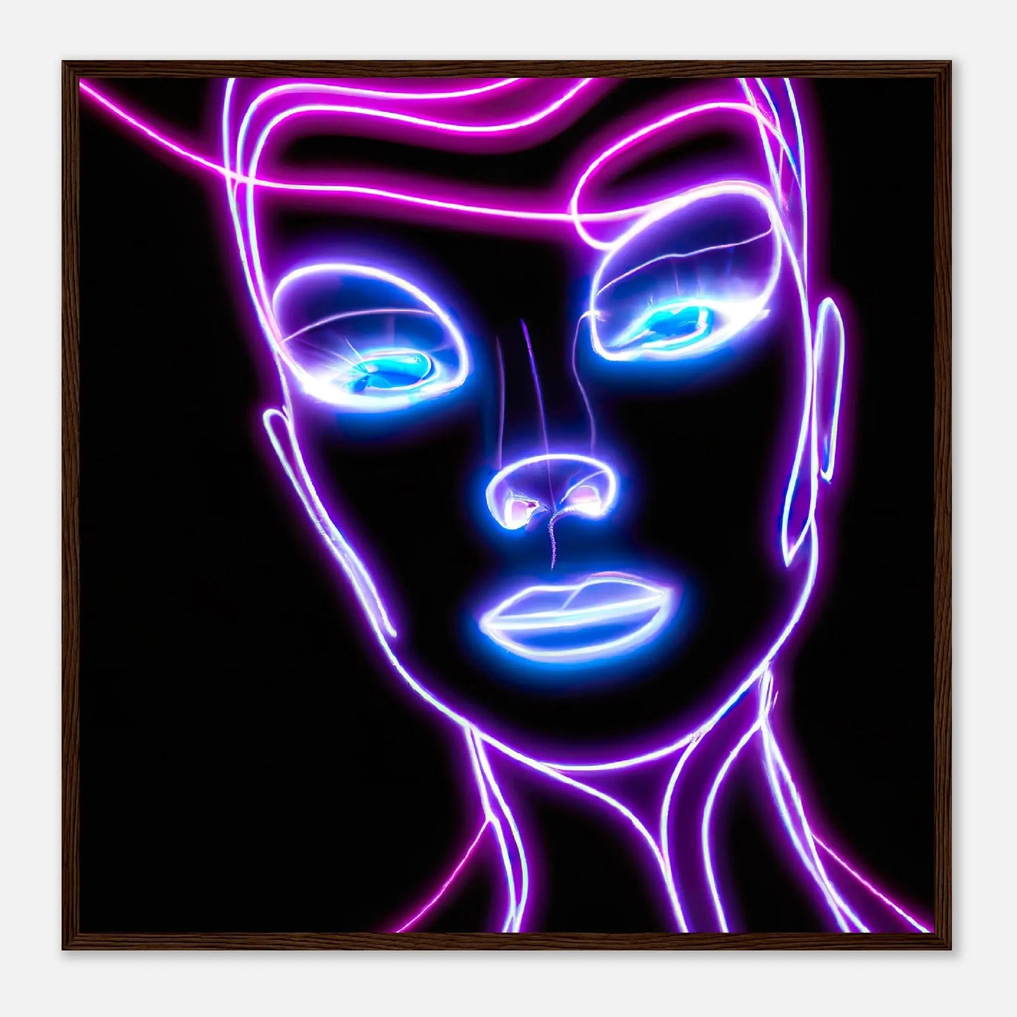 Gerahmtes Premium-Poster - Weibliches Gesicht - Neon Stil, KI-Kunst, Neon, 70x70-cm-28x28-Dunkles-Holz - RolConArt