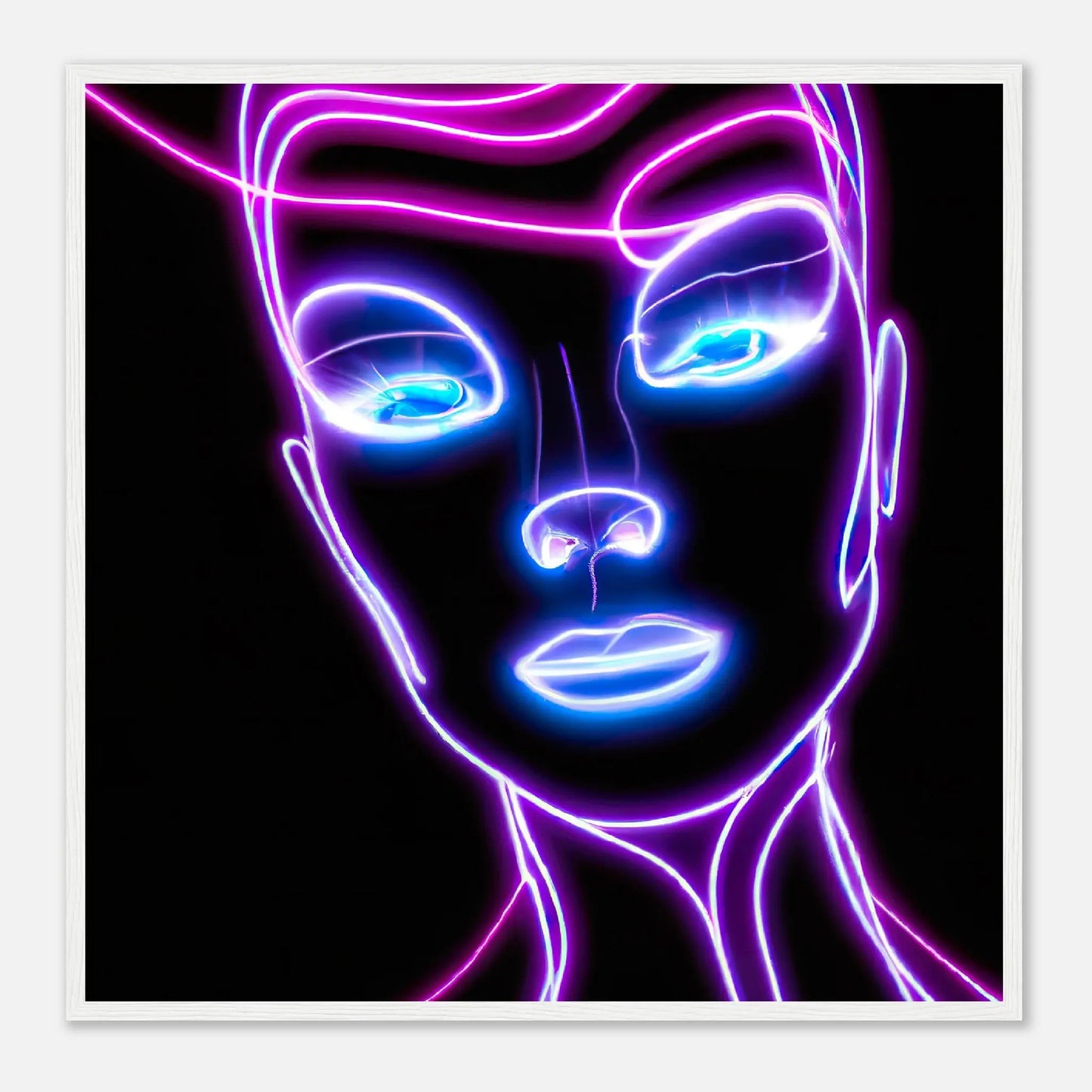 Gerahmtes Premium-Poster - Weibliches Gesicht - Neon Stil, KI-Kunst, Neon, 70x70-cm-28x28-Weiß - RolConArt