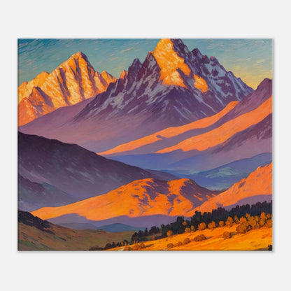 Leinwandbild - Abendliche Berglandschaft - Malerischer Stil, KI-Kunst, Landschaften, 50x60-cm-20x24 - RolConArt