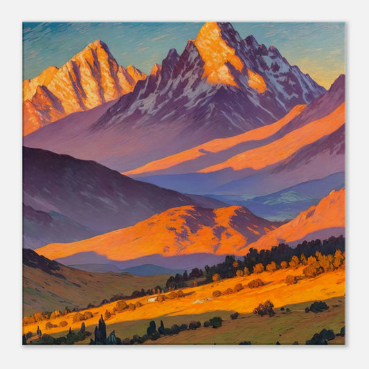 Leinwandbild - Abendliche Berglandschaft - Malerischer Stil, KI-Kunst, Landschaften, 60x60-cm-24x24 - RolConArt