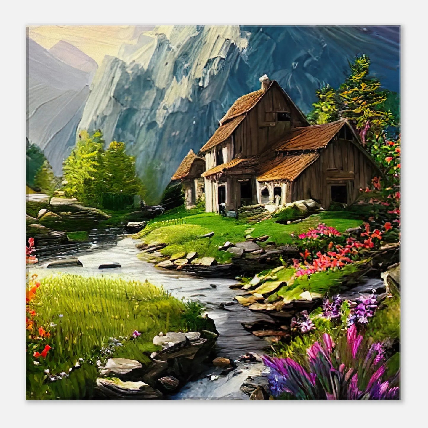 Leinwandbild - Berglandschaft - Malerischer Stil, KI-Kunst, Landschaften, 40x40-cm-16x16 - RolConArt