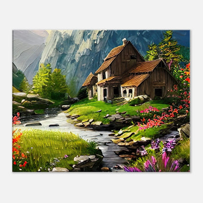 Leinwandbild - Berglandschaft - Malerischer Stil, KI-Kunst, Landschaften, 40x50-cm-16x20 - RolConArt