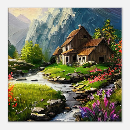 Leinwandbild - Berglandschaft - Malerischer Stil, KI-Kunst, Landschaften, 50x50-cm-20x20 - RolConArt