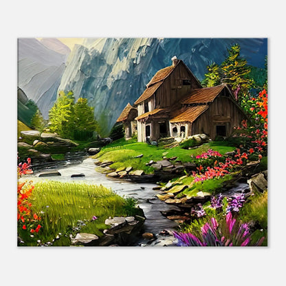 Leinwandbild - Berglandschaft - Malerischer Stil, KI-Kunst, Landschaften, 50x60-cm-20x24 - RolConArt