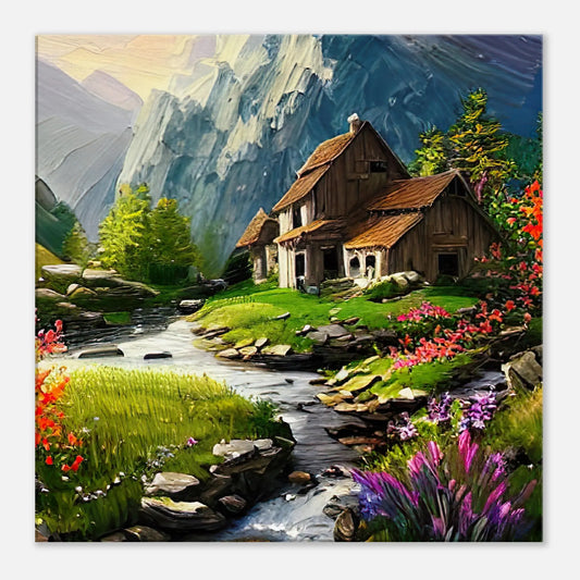 Leinwandbild - Berglandschaft - Malerischer Stil, KI-Kunst, Landschaften, 60x60-cm-24x24 - RolConArt