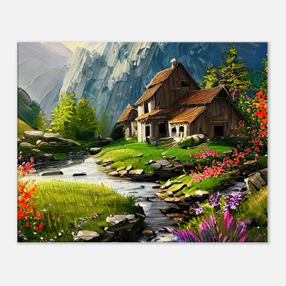 Leinwandbild - Berglandschaft - Malerischer Stil, KI-Kunst, Landschaften, 60x75-cm-24x30 - RolConArt