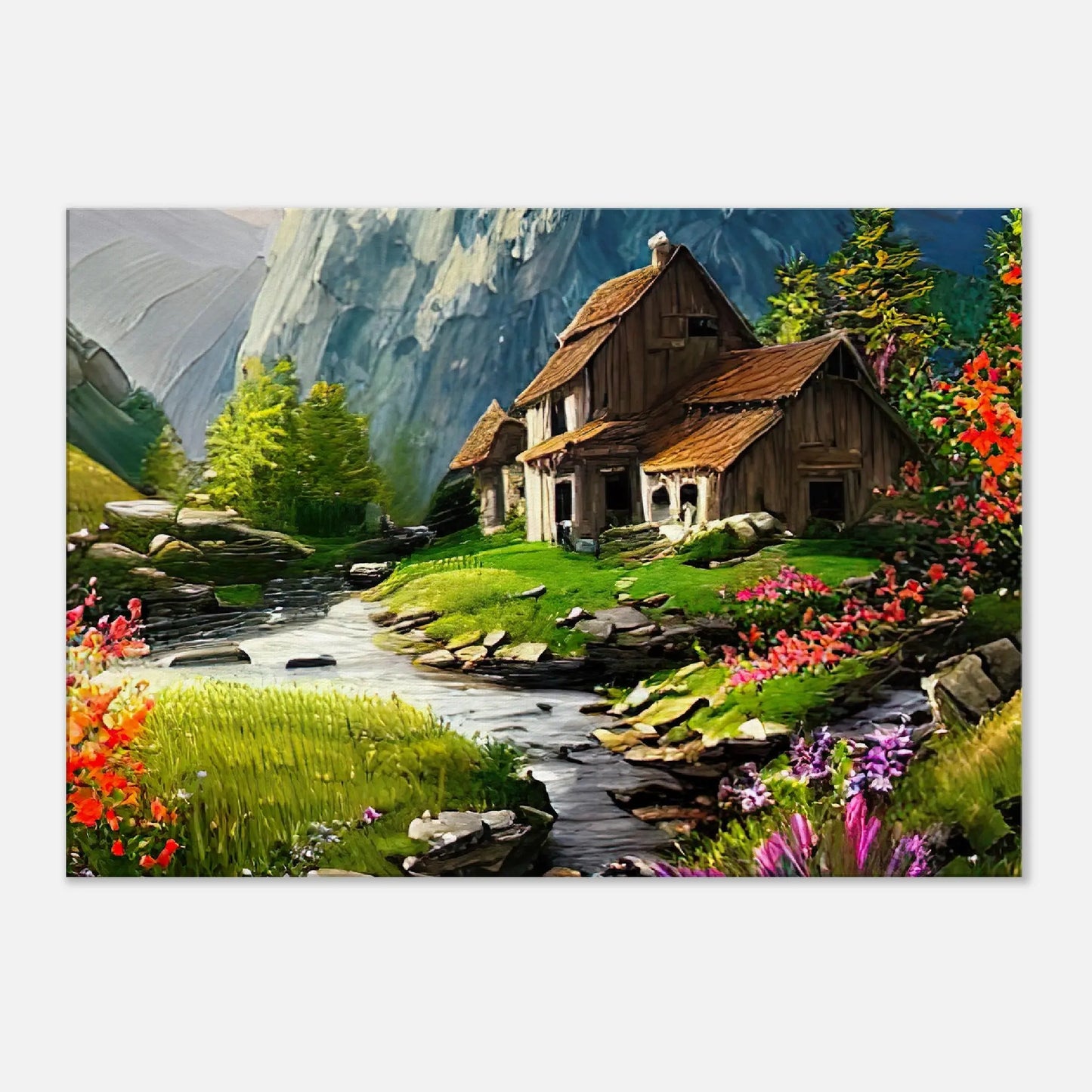 Leinwandbild - Berglandschaft - Malerischer Stil, KI-Kunst, Landschaften, 70x100-cm-28x40 - RolConArt