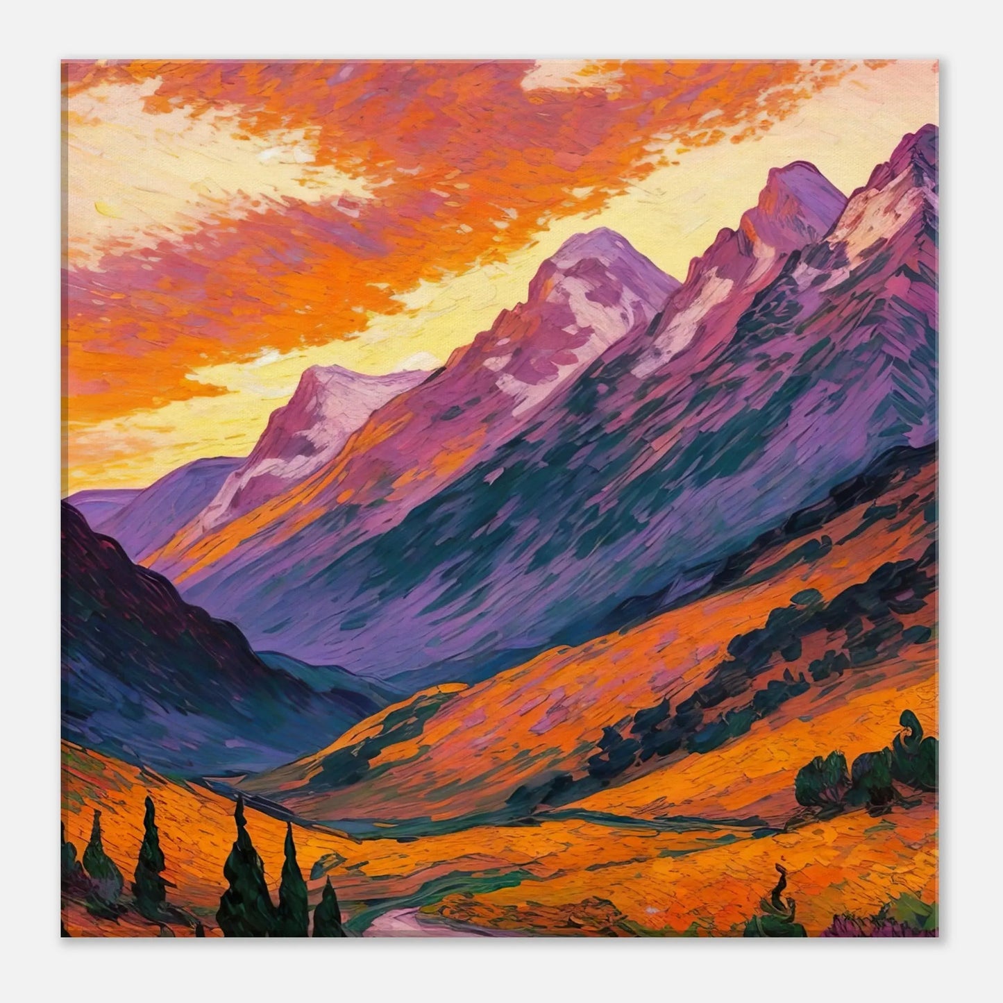 Leinwandbild - Berglandschaft im Abendrot - Malerischer Stil, KI-Kunst, Landschaften, 40x40-cm-16x16 - RolConArt