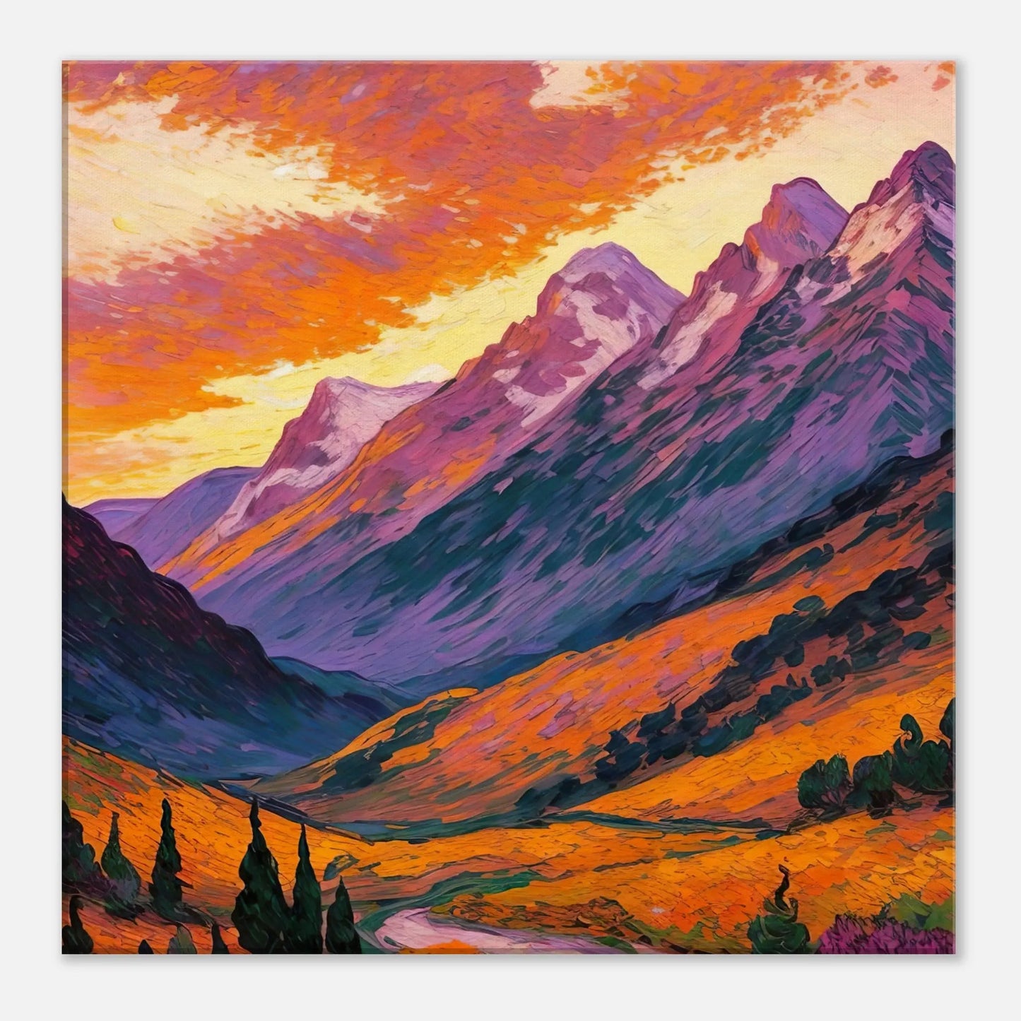 Leinwandbild - Berglandschaft im Abendrot - Malerischer Stil, KI-Kunst, Landschaften, 50x50-cm-20x20 - RolConArt