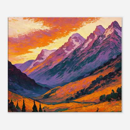 Leinwandbild - Berglandschaft im Abendrot - Malerischer Stil, KI-Kunst, Landschaften, 50x60-cm-20x24 - RolConArt