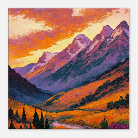 Leinwandbild - Berglandschaft im Abendrot - Malerischer Stil, KI-Kunst, Landschaften, 60x60-cm-24x24 - RolConArt