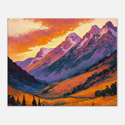 Leinwandbild - Berglandschaft im Abendrot - Malerischer Stil, KI-Kunst, Landschaften, 60x75-cm-24x30 - RolConArt