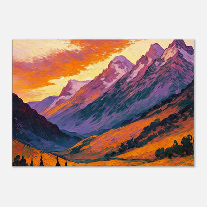 Leinwandbild - Berglandschaft im Abendrot - Malerischer Stil, KI-Kunst, Landschaften, 70x100-cm-28x40 - RolConArt