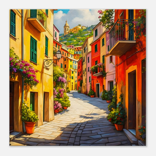 Leinwandbild - Mediterrane Farbenpracht - Malerischer Stil, KI-Kunst, Stadtlandschaften, 60x60-cm-24x24 - RolConArt