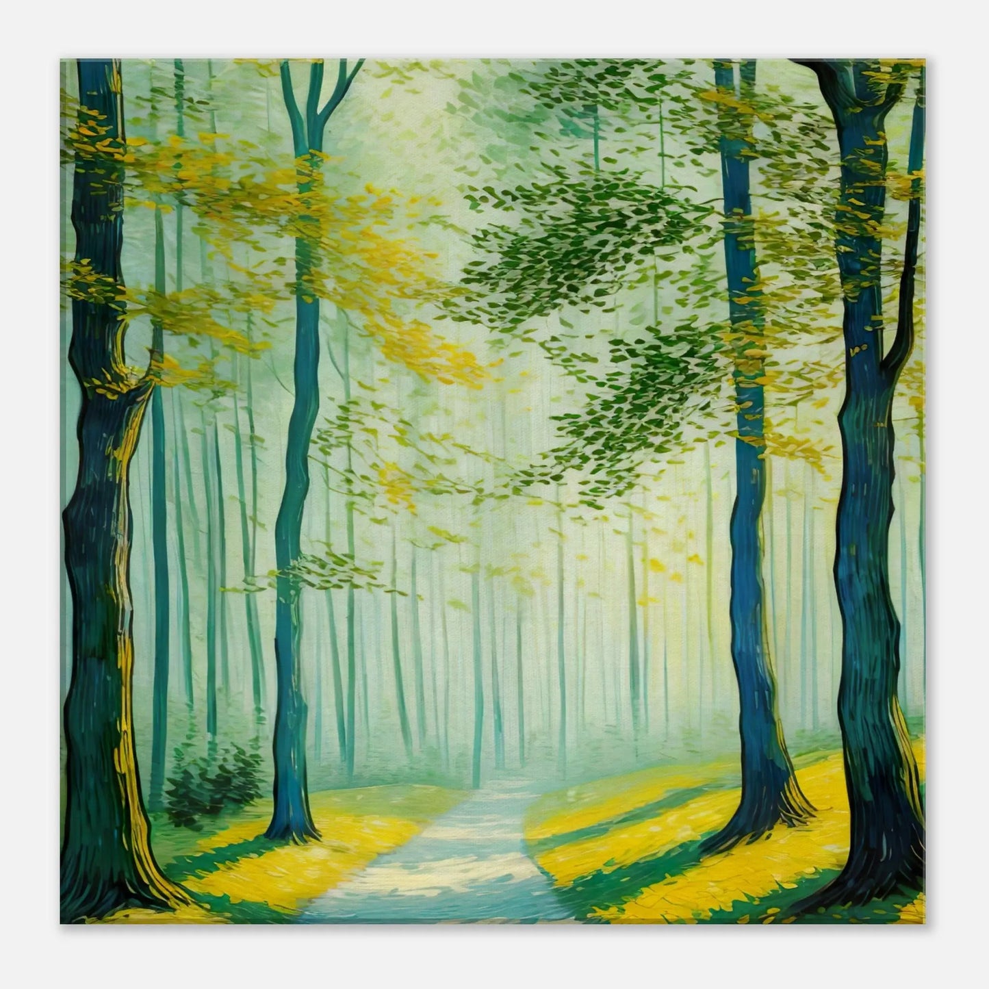 Leinwandbild - Pfad im sonnigen Wald - Malerischer Stil, KI-Kunst, Landschaften, 50x50-cm-20x20 - RolConArt