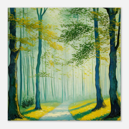 Leinwandbild - Pfad im sonnigen Wald - Malerischer Stil, KI-Kunst, Landschaften, 50x50-cm-20x20 - RolConArt