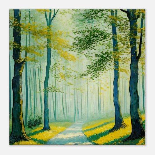 Leinwandbild - Pfad im sonnigen Wald - Malerischer Stil, KI-Kunst, Landschaften, 60x60-cm-24x24 - RolConArt