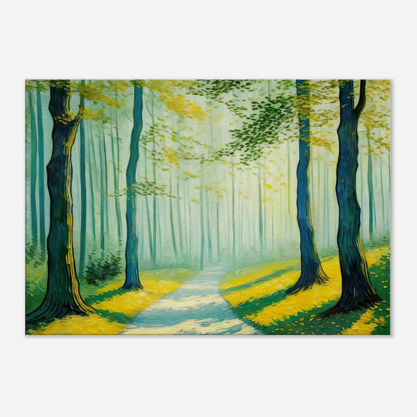 Leinwandbild - Pfad im sonnigen Wald - Malerischer Stil, KI-Kunst, Landschaften, 70x100-cm-28x40 - RolConArt