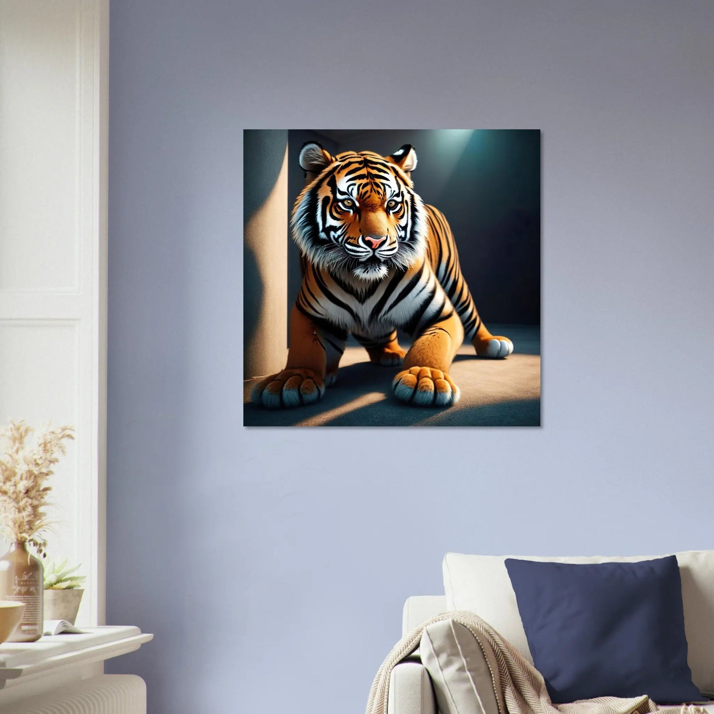 Moderner Forex-Druck - Kraftvoller Tiger - 3D-Stil, KI-Kunst, Tiere - Kreative Vielfalt, 60x60-cm-24x24-Schwarz - RolConArt