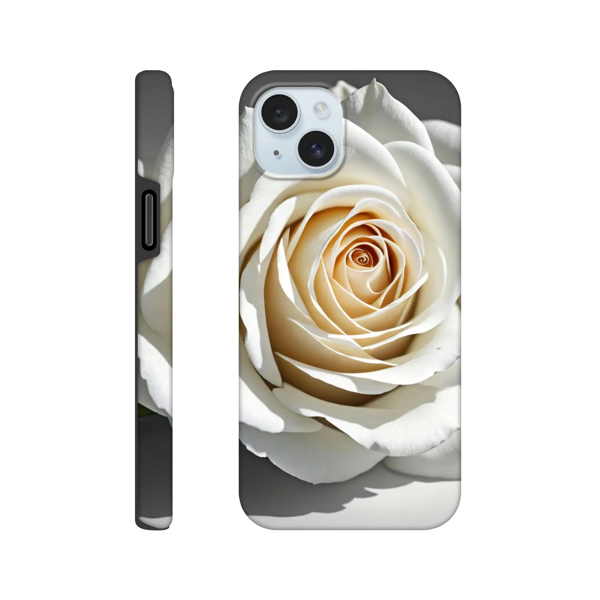 Smartphone-Hülle "Hart" - Weiße Rose - Foto Stil, KI-Kunst, Pflanzen, iPhone-15-Plus - RolConArt