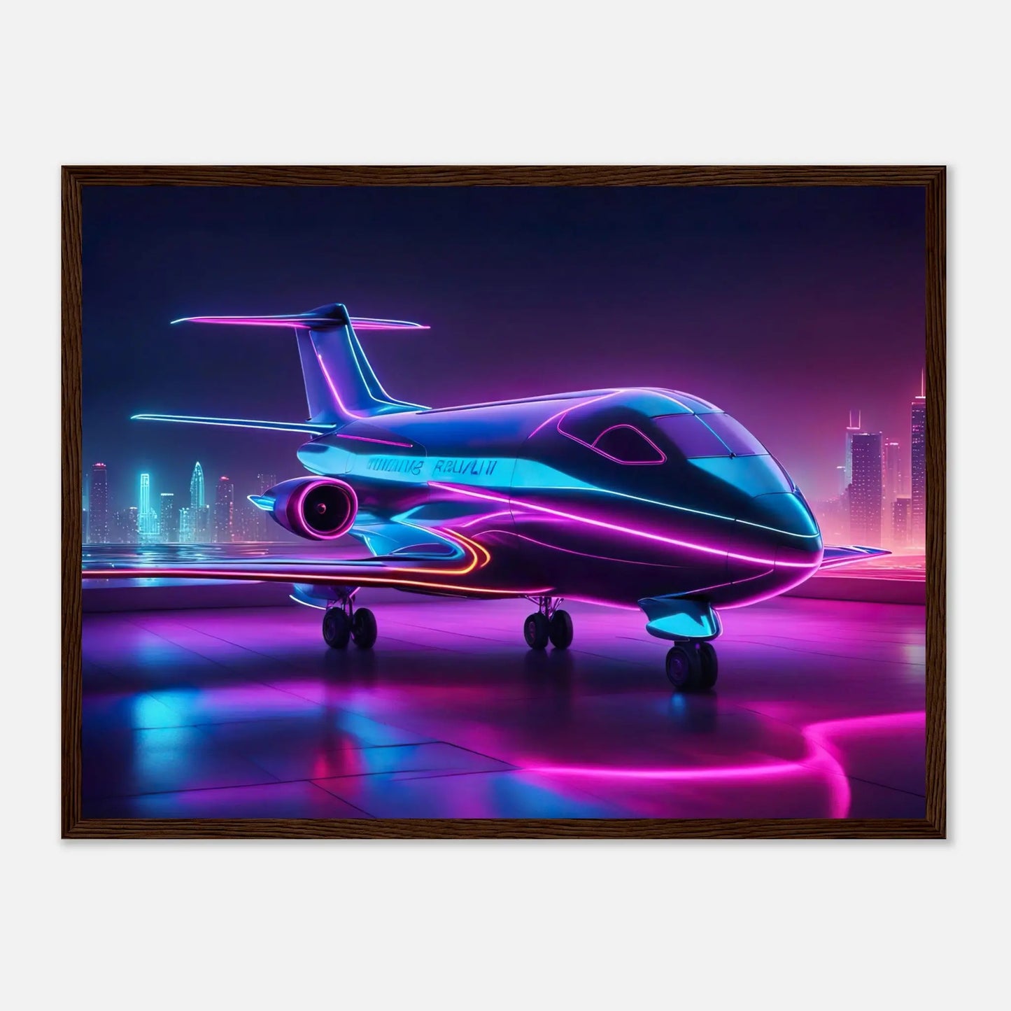 Gerahmtes Premium-Poster -Futuristisches Flugzeug- Neon Stil, KI-Kunst - RolConArt, Neon, 45x60-cm-18x24-Dunkler-Holzrahmen