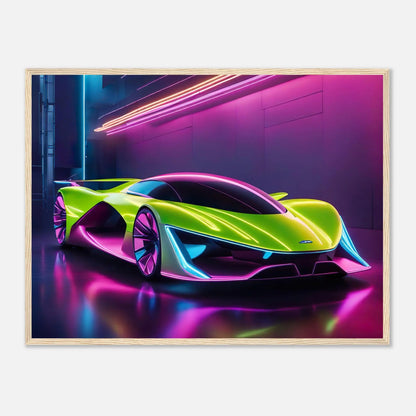 Gerahmtes Premium-Poster -Futuristisches Fahrzeug- Neon Stil, KI-Kunst - RolConArt, Neon, 60x80-cm-24x32-Holzrahmen