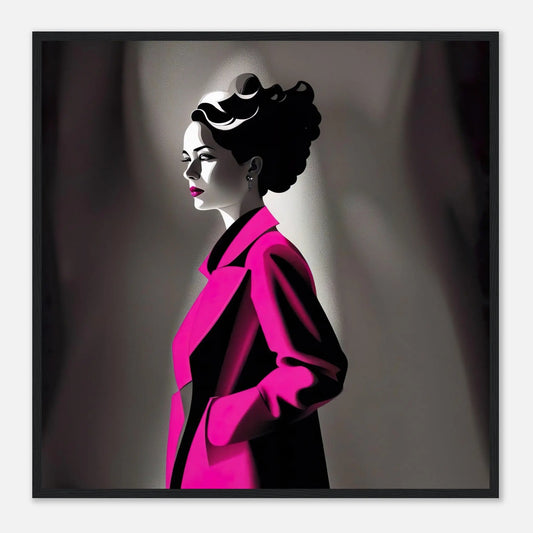 Gerahmtes Premium-Poster - Frau im rosa Mantel - Schwarz-Weiß, KI-Kunst - RolConArt, Schwarz-Weiß mit Akzentfarben, 70x70-cm-28x28-Schwarzer-Rahmen