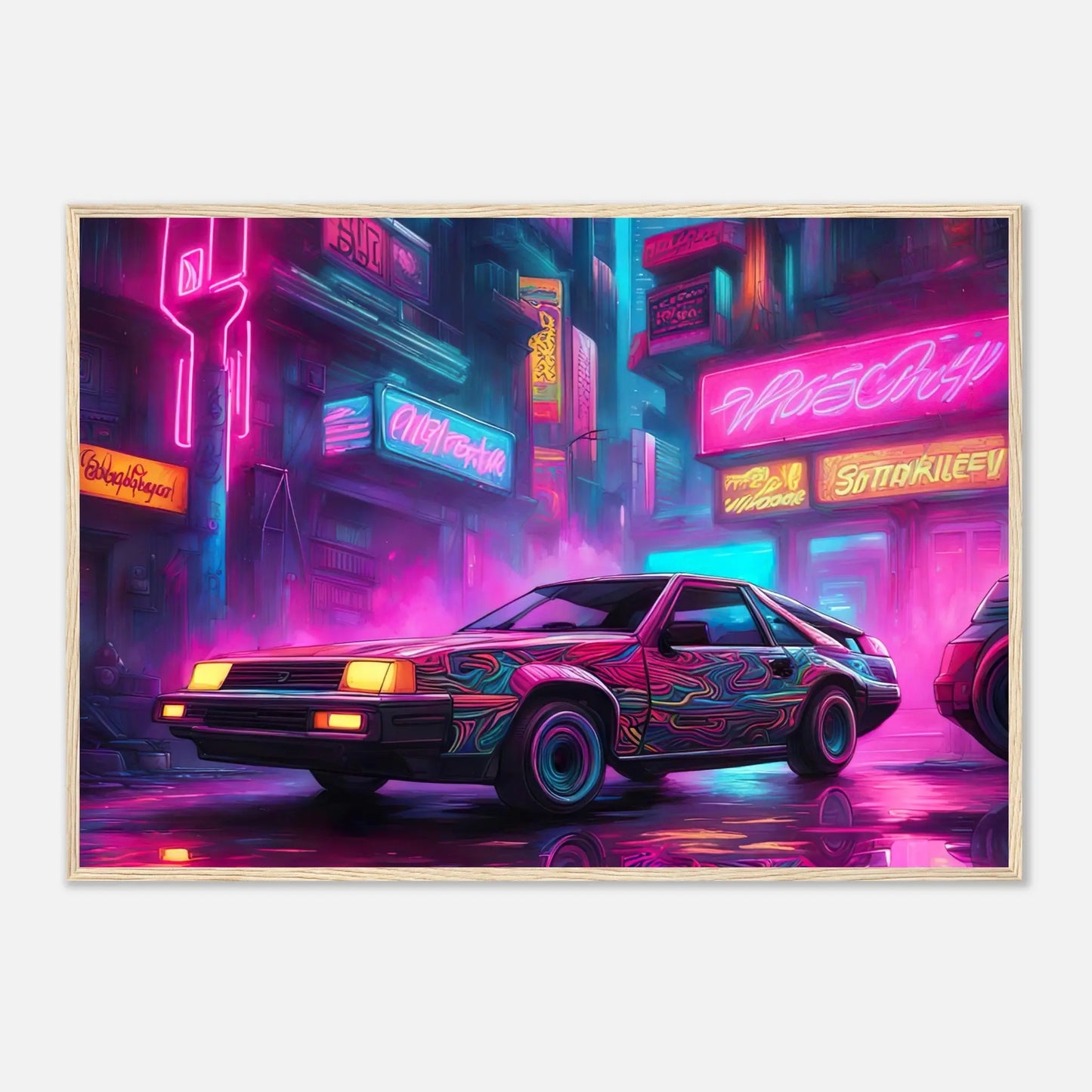 Gerahmtes Premium-Poster - Retro Auto - Neon Stil, KI-Kunst - RolConArt, Neon, 70x100-cm-28x40-Holzrahmen