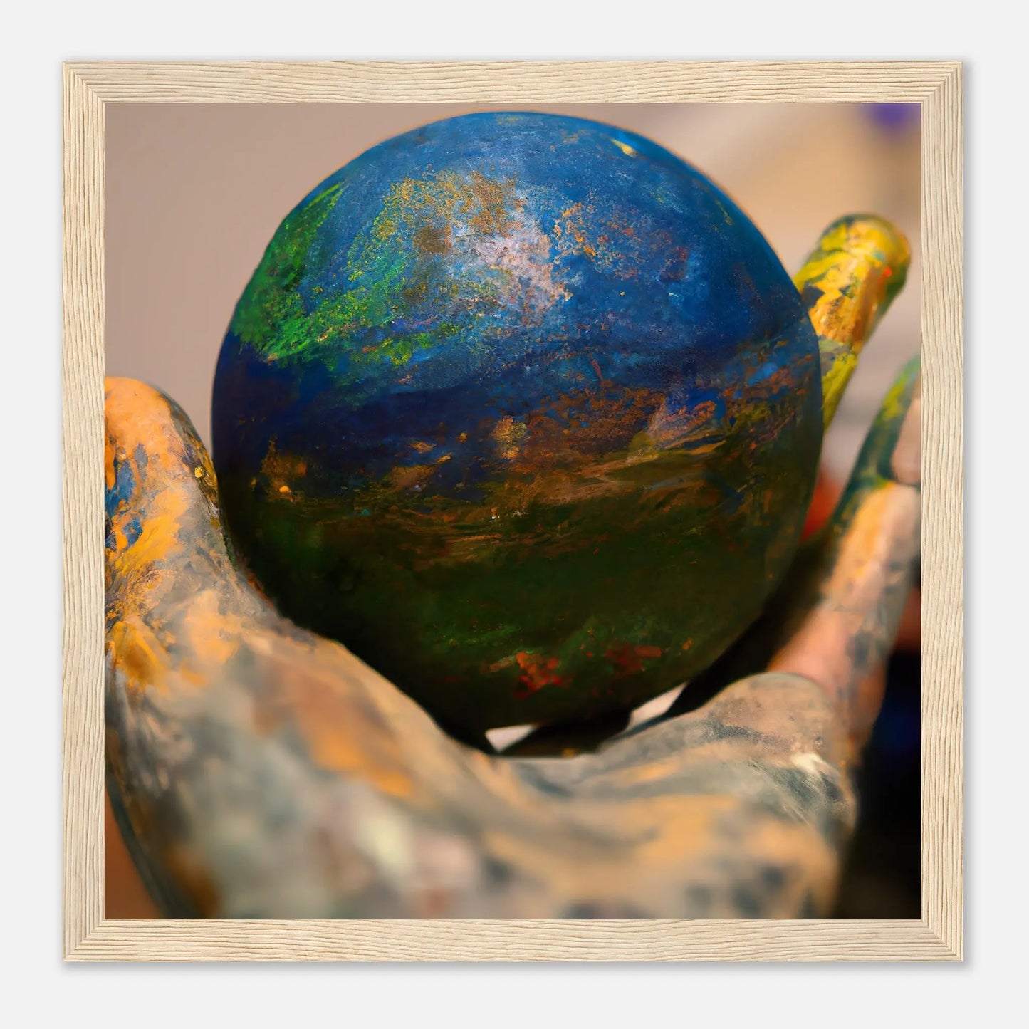 Gerahmtes Premium-Poster - Planet in der Hand - Foto Stil, KI-Kunst - RolConArt, Fotokunst - Kreative Vielfalt, 30x30-cm-12x12-Holz