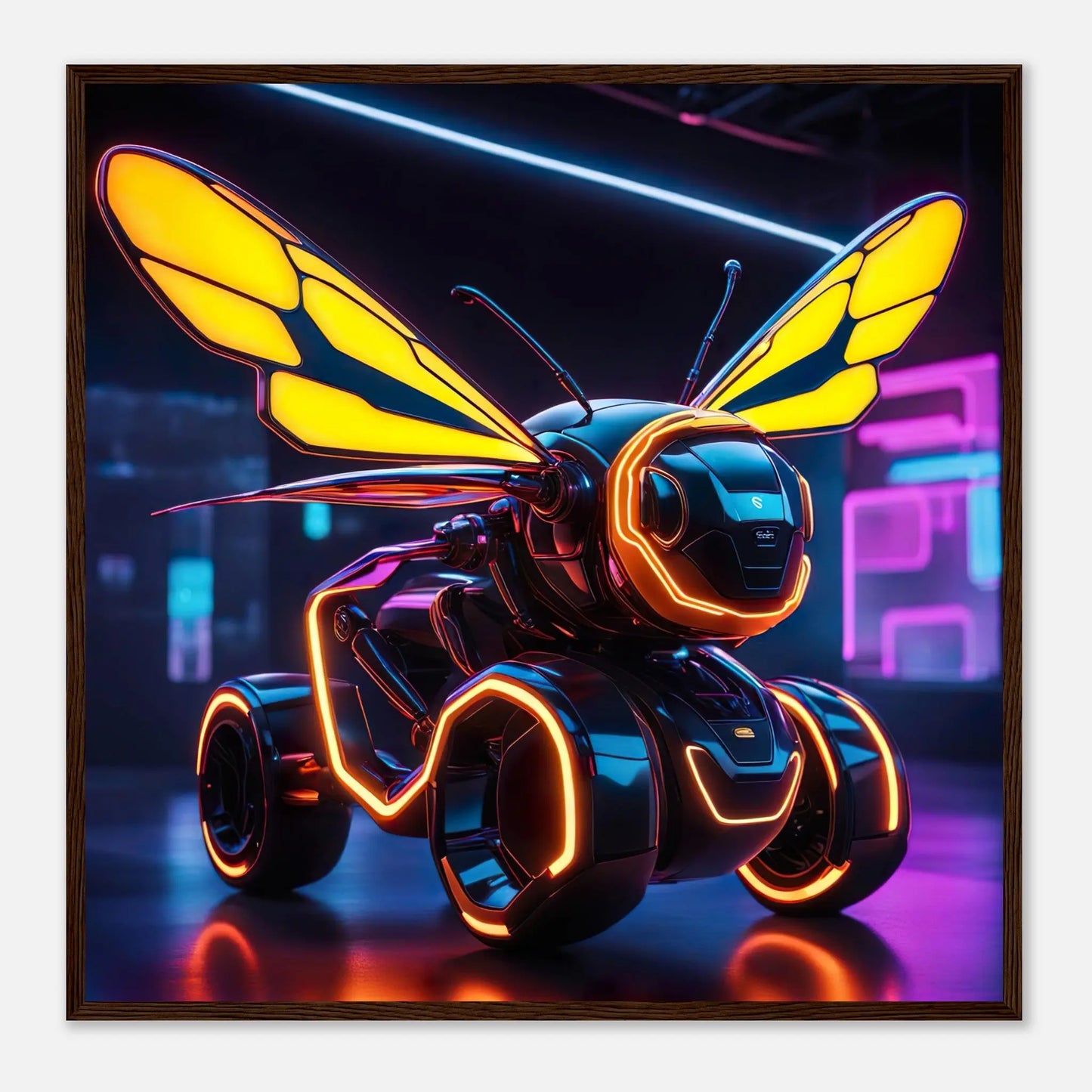 Gerahmtes Premium-Poster -Futuristischer Roboter- Neon Stil, KI-Kunst - RolConArt, Neon, 70x70-cm-28x28-Dunkler-Holzrahmen
