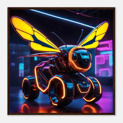 Gerahmtes Premium-Poster -Futuristischer Roboter- Neon Stil, KI-Kunst - RolConArt, Neon, 70x70-cm-28x28-Dunkler-Holzrahmen
