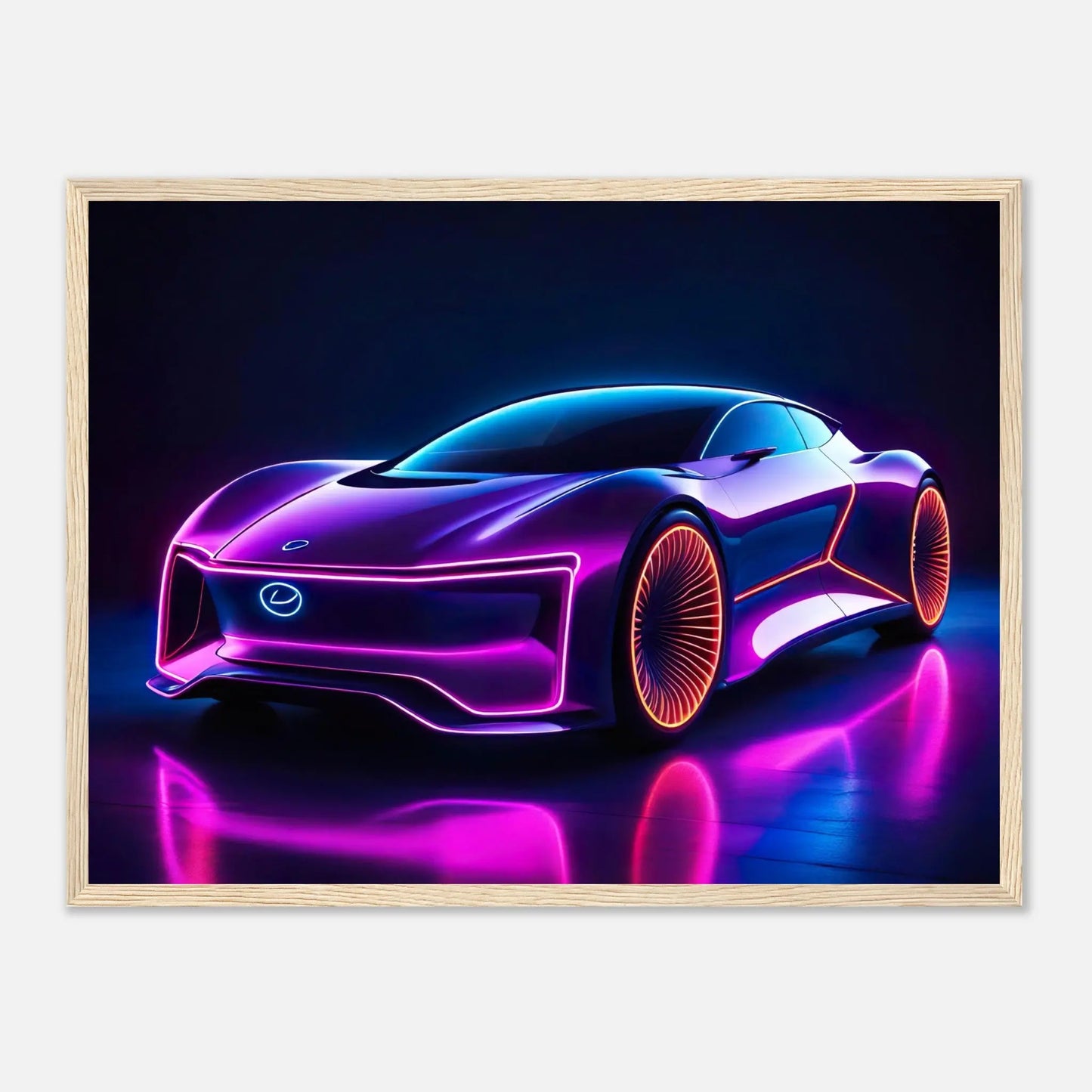 Gerahmtes Premium-Poster -Futuristisches Fahrzeug- Neon Stil, KI-Kunst - RolConArt, Neon, 45x60-cm-18x24-Holzrahmen
