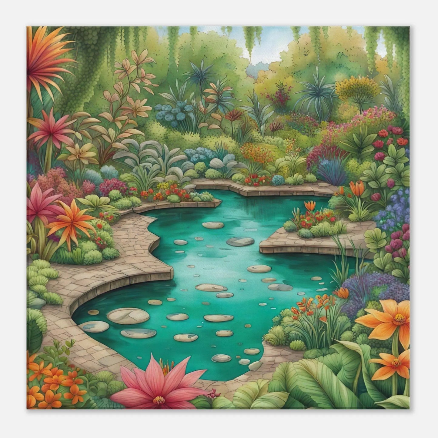 Leinwandbild - Garten mit Teich - Malerischer Stil, KI-Kunst - RolConArt, Landschaften, 50x50-cm-20x20